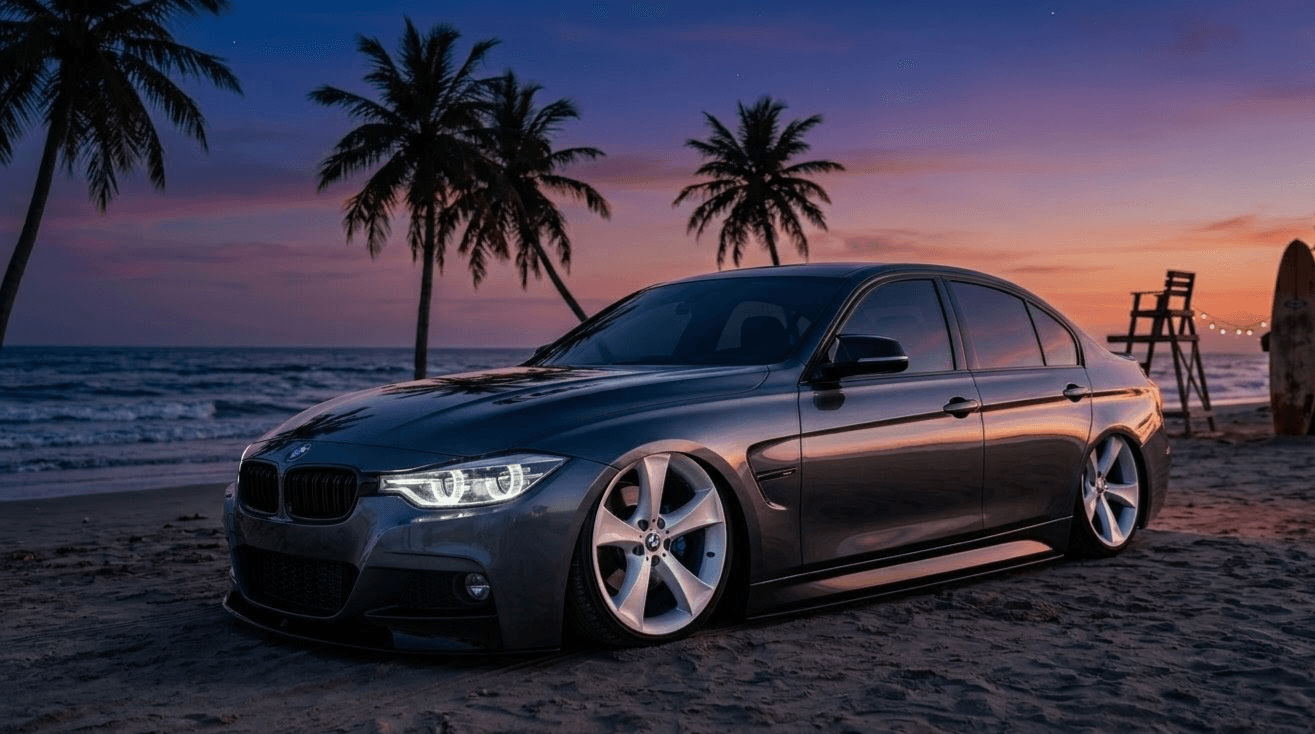 Beachcar 2026 com carro baixo na praia ao pôr do sol